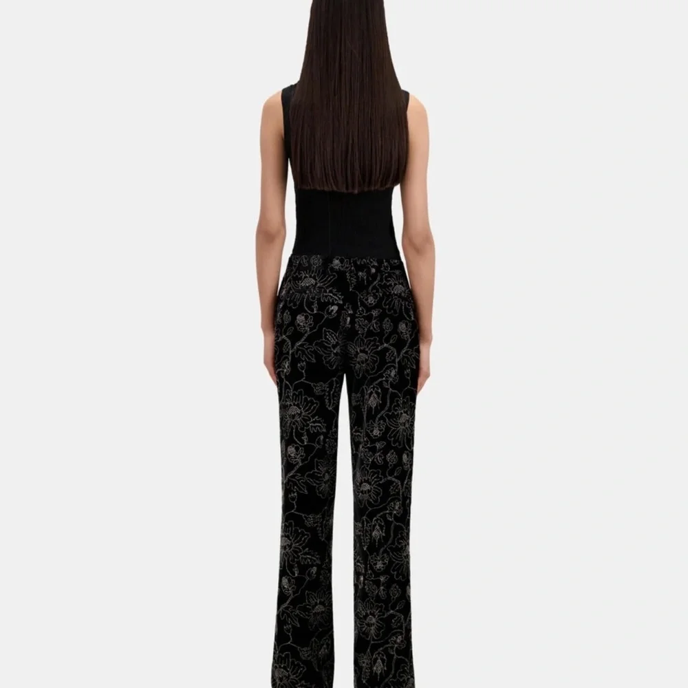 NWT | The Kooples | Black Velvet Trousers with Embroidered Metallic Floral Print - Picture 5 of 11